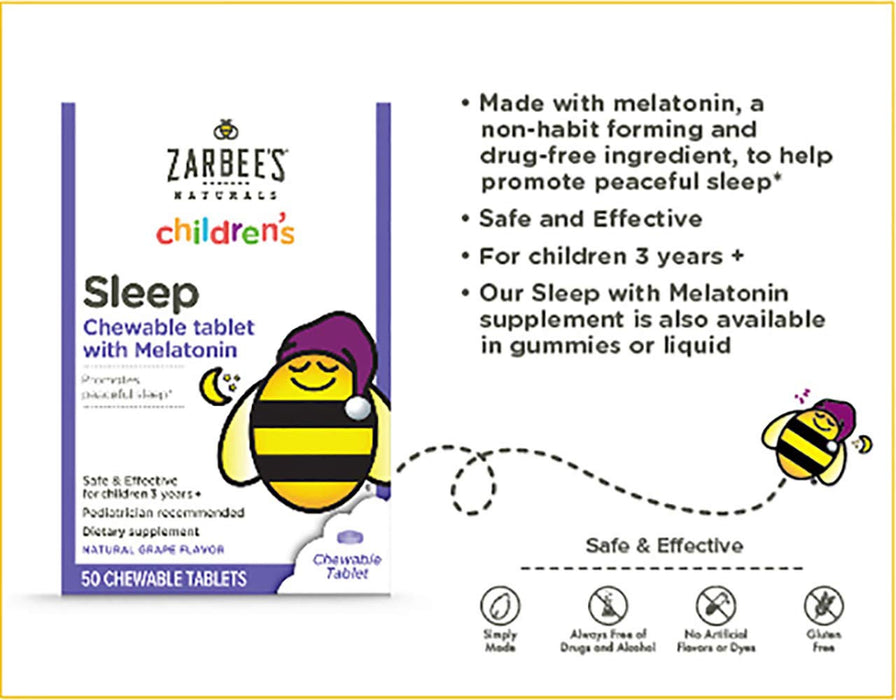 Zarbee's Naturals Children's Sleep with Melatonin Supplement, Natural Grape Flavor, 50 Chewable Tablets