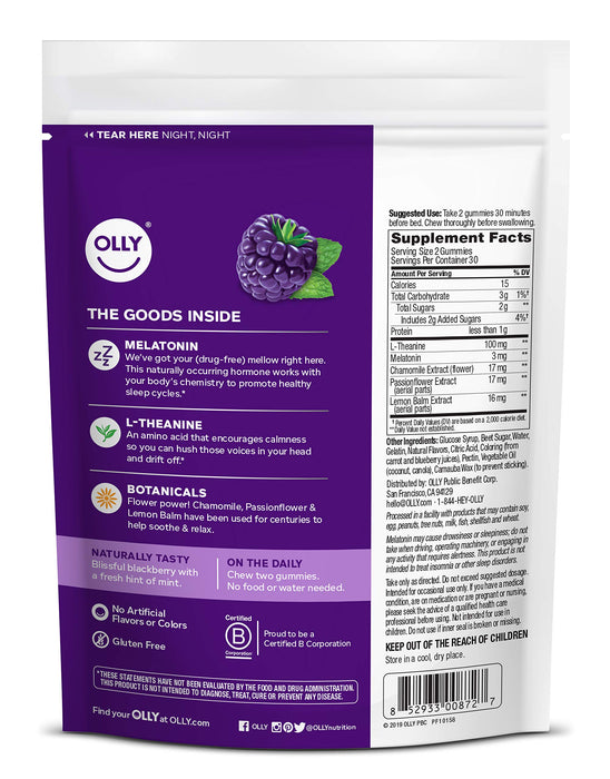 OLLY Sleep Melatonin Gummy, All Natural Flavor & Colors with L Theanine, Chamomile, and Lemon Balm