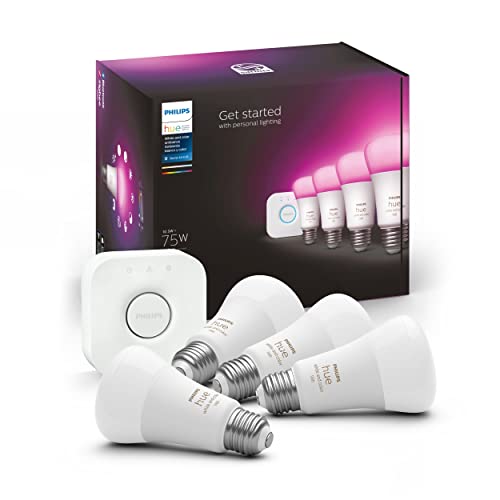 Philips Hue Smart Light Starter Kit - Includes (1) Bridge and (4) 75W A19, E26 LED Smart White and Color Ambiance Bulbs - Control with App - Compatible with Alexa, Google Assistant, and Apple HomeKit