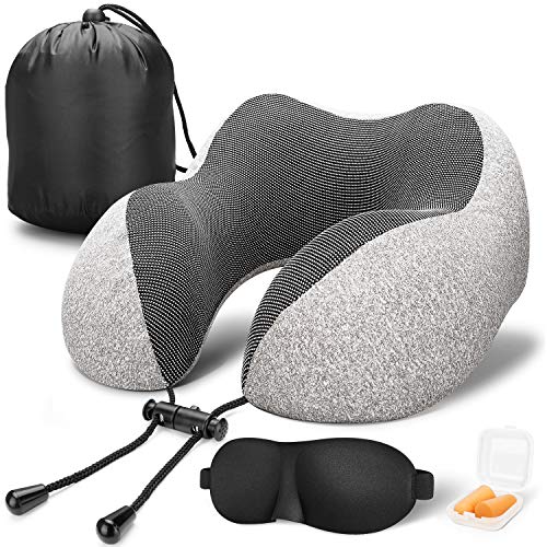 MLVOC Travel Pillow 100% Pure Memory Foam Neck Pillow, Comfortable & Breathable Cover  Airplane Travel Kit