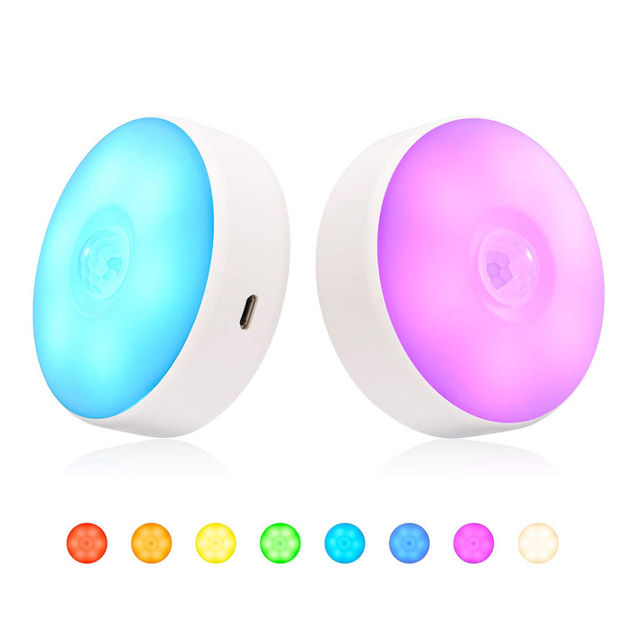 Motion Sensor LED Night Light Li Battery USB Rechargeable, 8 Lighting Colors, for Hallway, Cabinet, Closet, Stairs (2 Pack)
