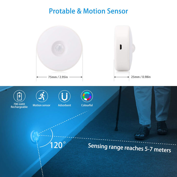 Motion Sensor LED Night Light Li Battery USB Rechargeable, 8 Lighting Colors, for Hallway, Cabinet, Closet, Stairs (2 Pack)