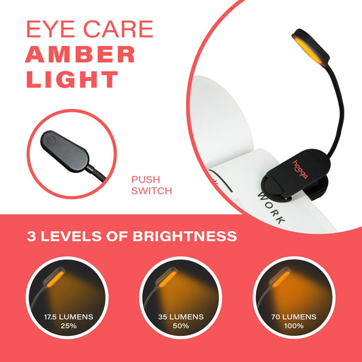 Hooga Blue Light Blocking, Amber LED Clip-On Reading Book Light with Adjustable Brightness